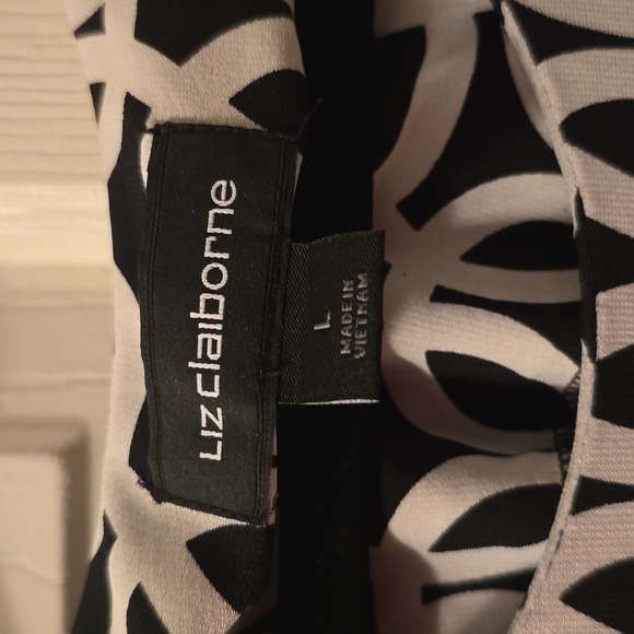 LIZ CLAIBORNE WOMENS BLACK  WHITE SYMMETRICAL SMALL CAP SLEEVES DRESSSIZE LARGE - Picture 5 of 13